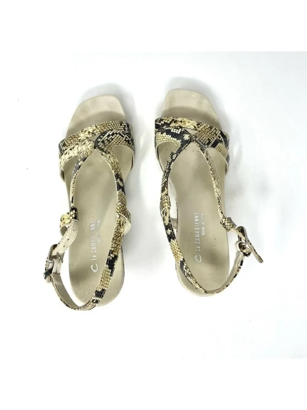 La Canadienne Cream Snake Print Wedge Sandals Size 39